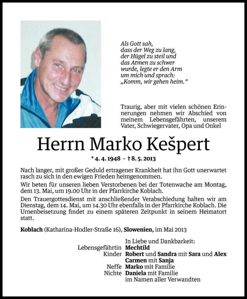  Todesanzeige für Marko Kespert vom 11.05.2013 aus Vorarlberger Nachrichten