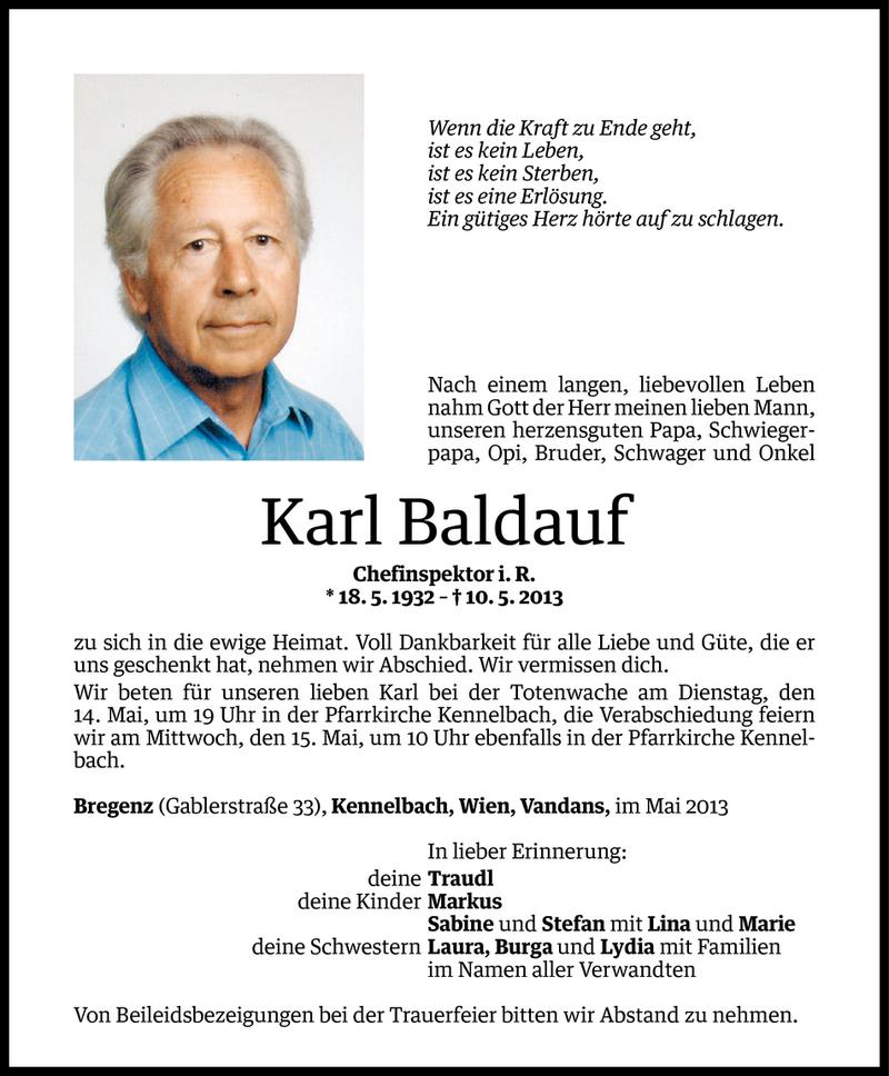  Todesanzeige für Karl Baldauf vom 12.05.2013 aus Vorarlberger Nachrichten