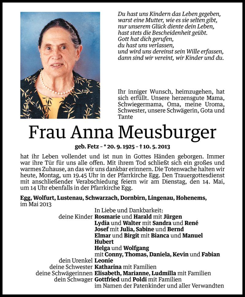  Todesanzeige für Anna Meusburger vom 12.05.2013 aus Vorarlberger Nachrichten