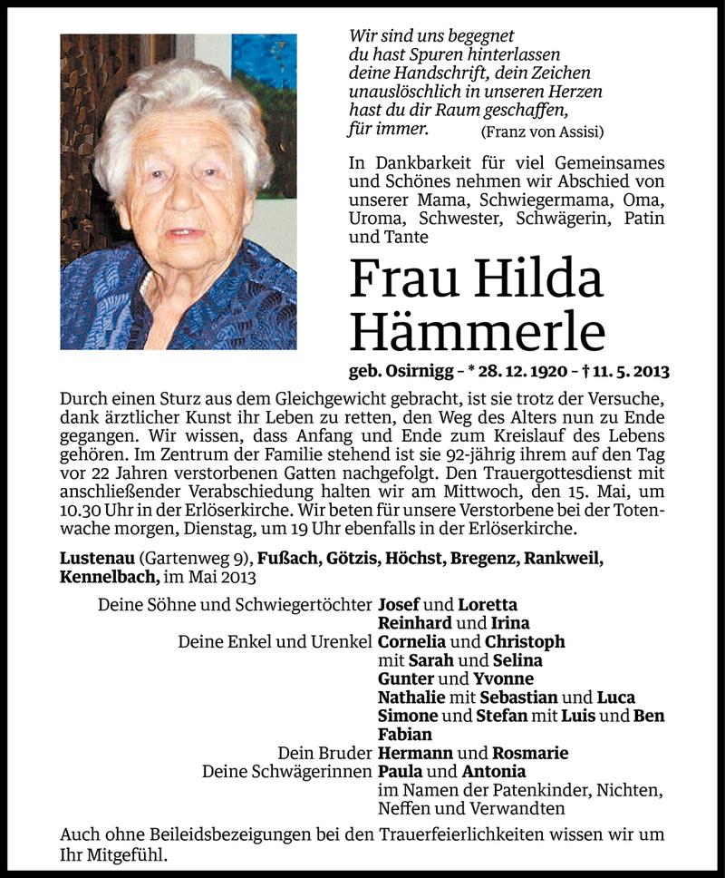  Todesanzeige für Hilda Hämmerle vom 12.05.2013 aus Vorarlberger Nachrichten