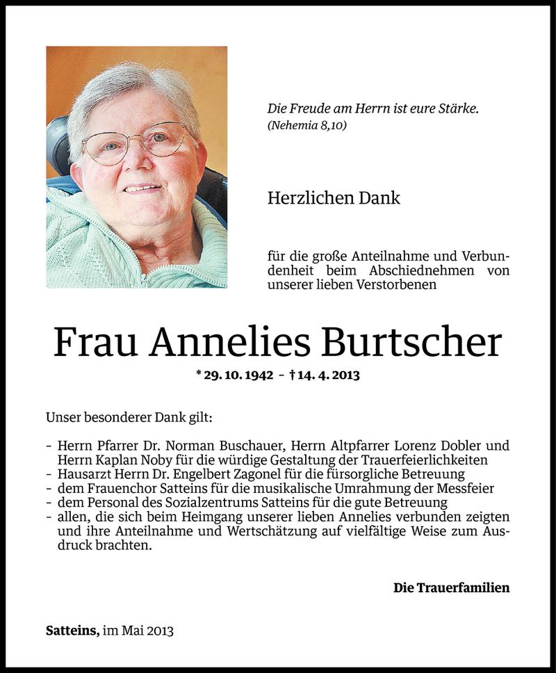  Todesanzeige für Annelies Burtscher vom 13.05.2013 aus Vorarlberger Nachrichten