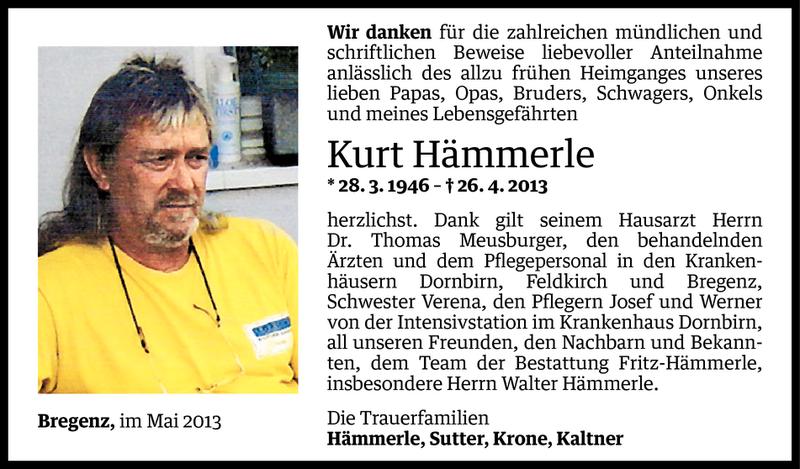  Todesanzeige für Kurt Hämmerle vom 13.05.2013 aus Vorarlberger Nachrichten