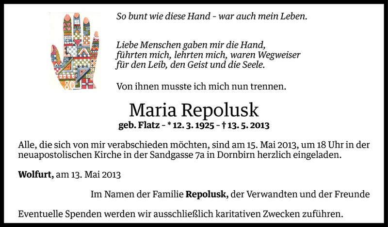  Todesanzeige für Maria Repolusk vom 13.05.2013 aus Vorarlberger Nachrichten