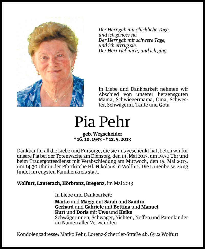  Todesanzeige für Pia Pehr vom 13.05.2013 aus Vorarlberger Nachrichten