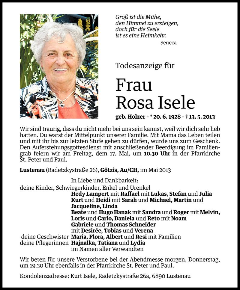  Todesanzeige für Rosa Isele vom 14.05.2013 aus Vorarlberger Nachrichten