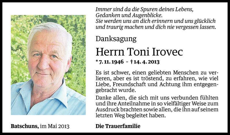  Todesanzeige für Toni Irovec vom 16.05.2013 aus Vorarlberger Nachrichten