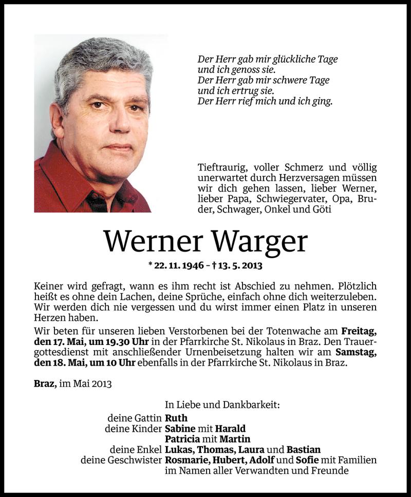  Todesanzeige für Werner Warger vom 16.05.2013 aus Vorarlberger Nachrichten