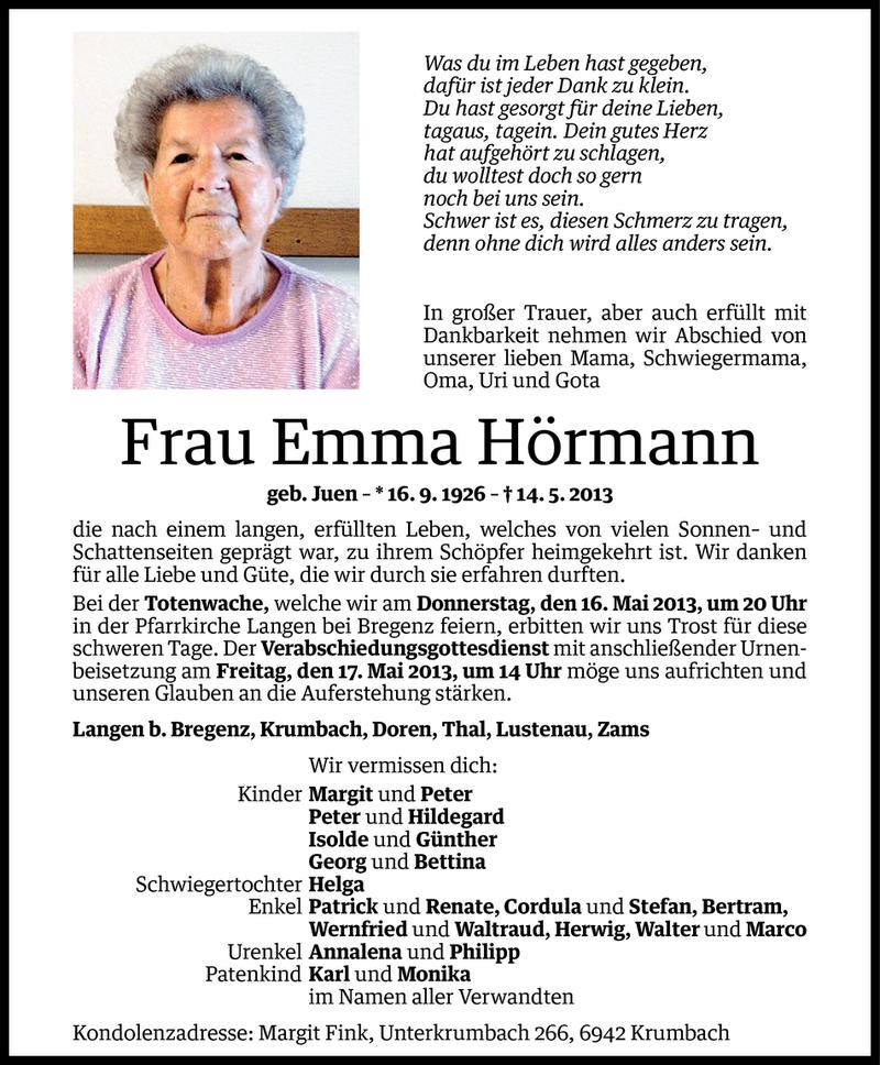 Todesanzeige für Emma Hörmann vom 15.05.2013 aus Vorarlberger Nachrichten