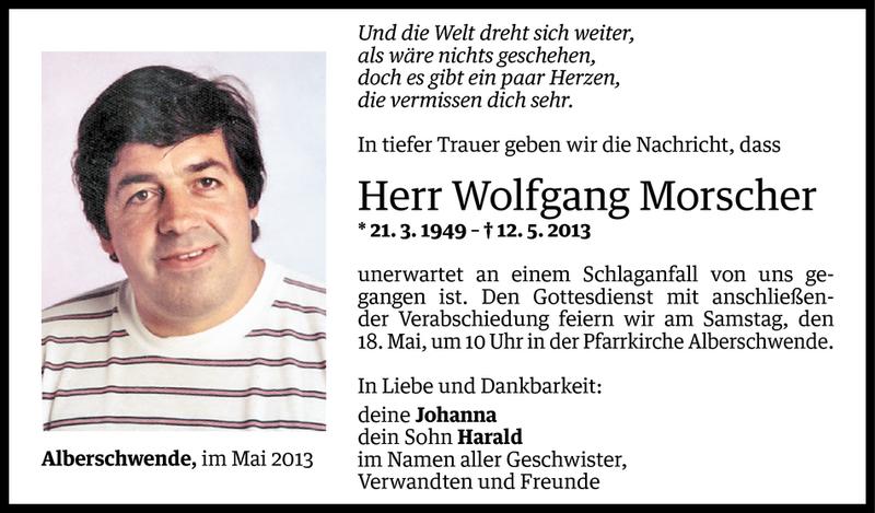  Todesanzeige für Wolfgang Morscher vom 15.05.2013 aus Vorarlberger Nachrichten