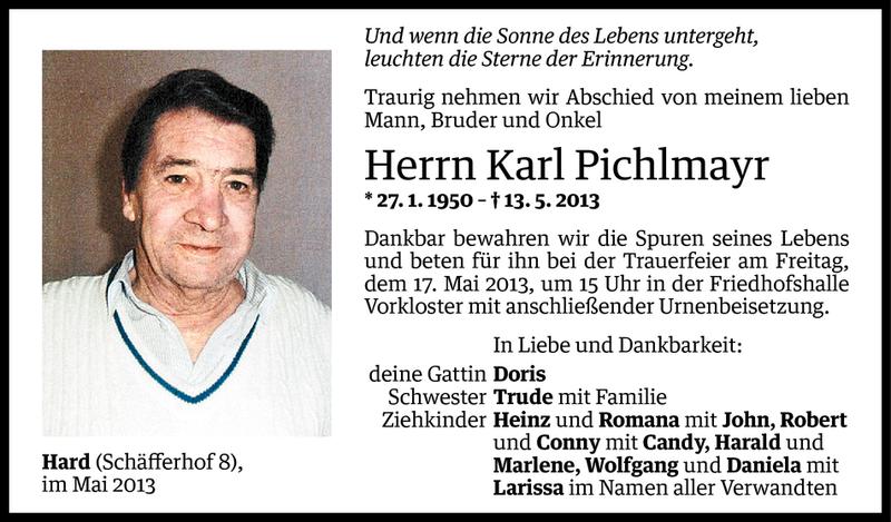  Todesanzeige für Karl Pichlmayr vom 15.05.2013 aus Vorarlberger Nachrichten