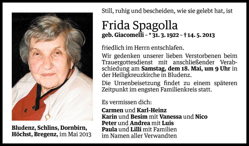  Todesanzeige für Frida Spagolla vom 16.05.2013 aus Vorarlberger Nachrichten