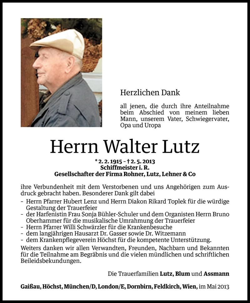  Todesanzeige für Walter Lutz vom 17.05.2013 aus Vorarlberger Nachrichten