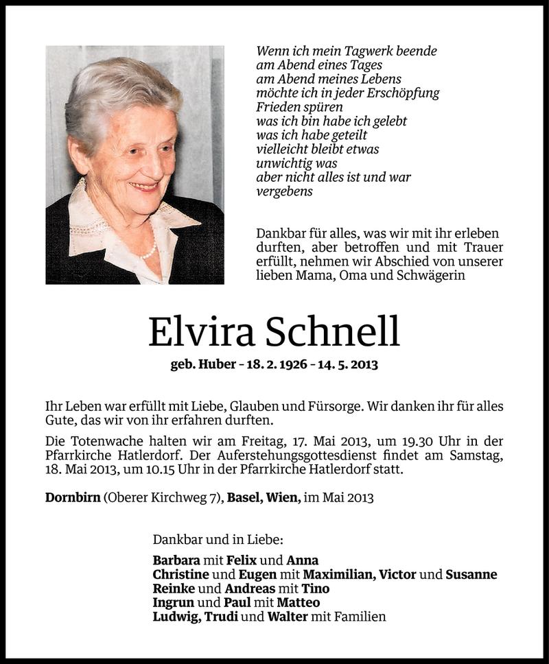  Todesanzeige für Elvira Schnell vom 15.05.2013 aus Vorarlberger Nachrichten