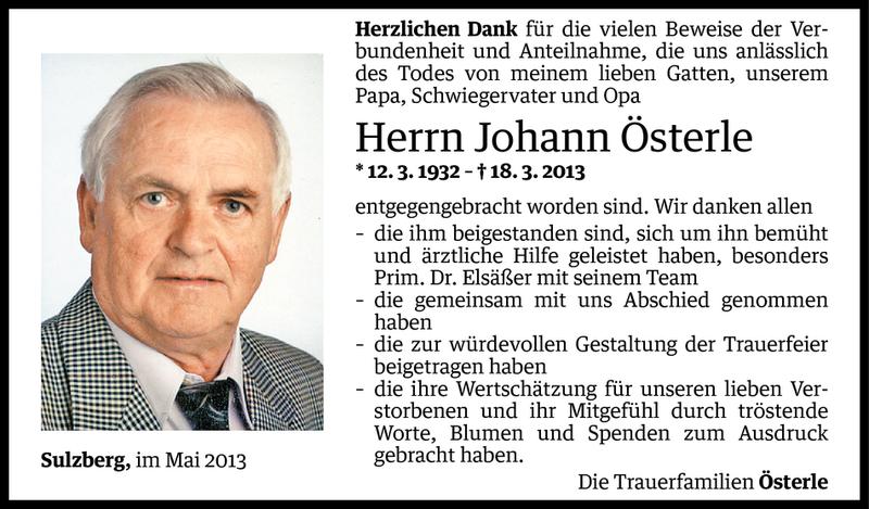  Todesanzeige für Johann Österle vom 16.05.2013 aus Vorarlberger Nachrichten