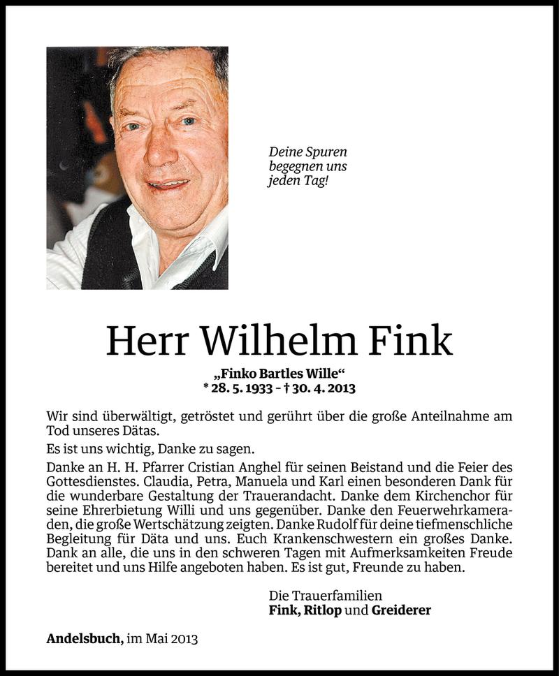  Todesanzeige für Wilhelm Fink vom 16.05.2013 aus Vorarlberger Nachrichten
