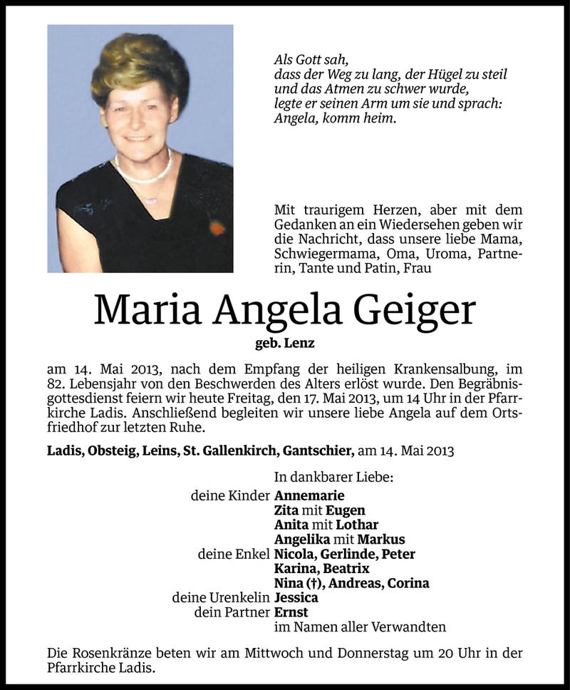  Todesanzeige für Maria Angela Geiger vom 16.05.2013 aus Vorarlberger Nachrichten