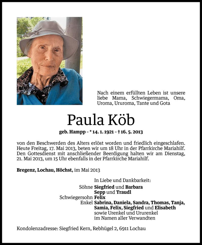  Todesanzeige für Paula Köb vom 16.05.2013 aus Vorarlberger Nachrichten
