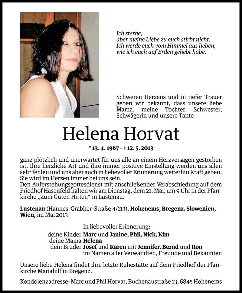  Todesanzeige für Helena Horvat vom 17.05.2013 aus Vorarlberger Nachrichten