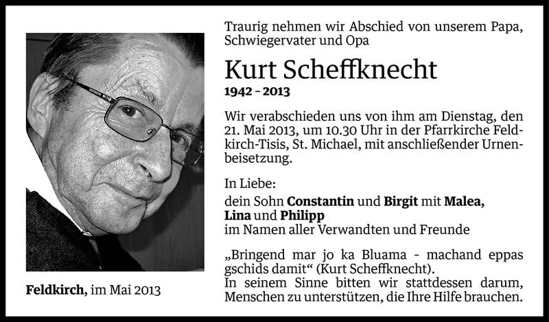  Todesanzeige für Kurt Scheffknecht vom 17.05.2013 aus Vorarlberger Nachrichten