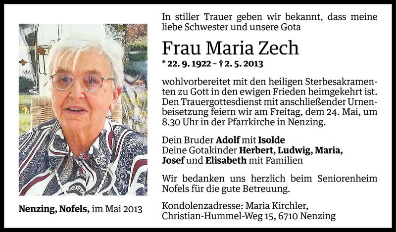  Todesanzeige für Maria Zech vom 22.05.2013 aus Vorarlberger Nachrichten