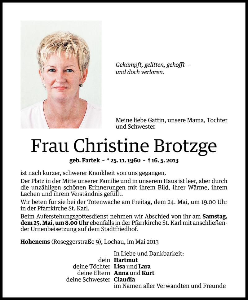  Todesanzeige für Christine Brotzge vom 21.05.2013 aus Vorarlberger Nachrichten