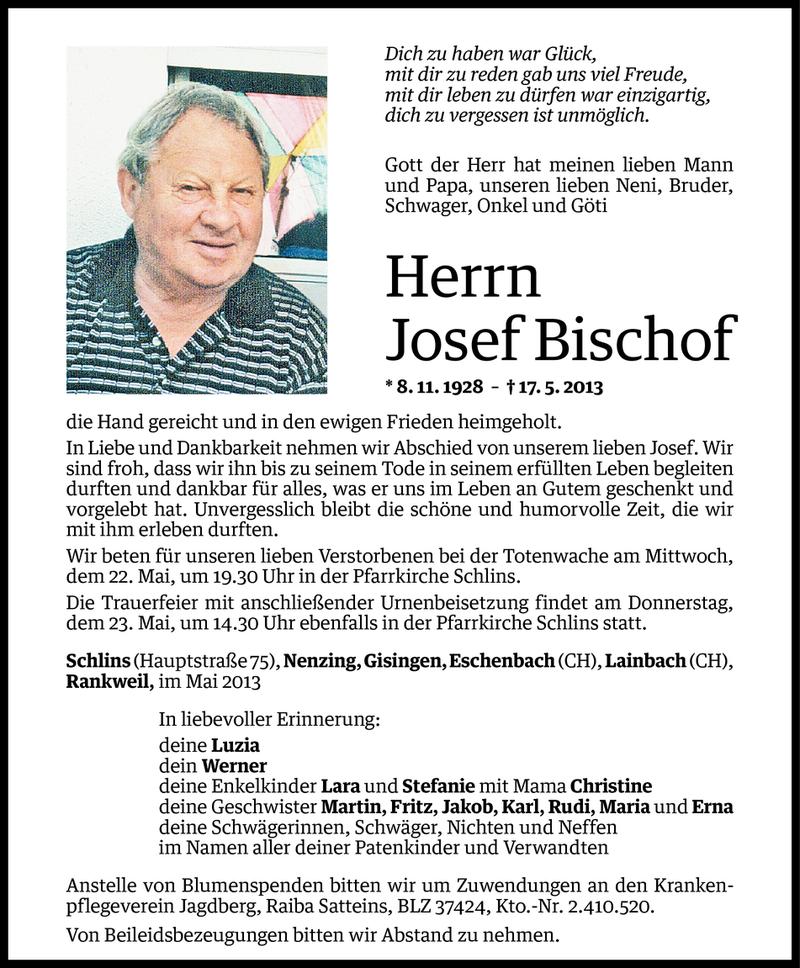  Todesanzeige für Josef Bischof vom 21.05.2013 aus Vorarlberger Nachrichten