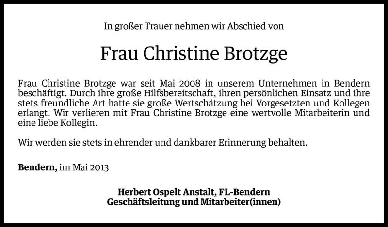  Todesanzeige für Christine Brotzge vom 21.05.2013 aus Vorarlberger Nachrichten