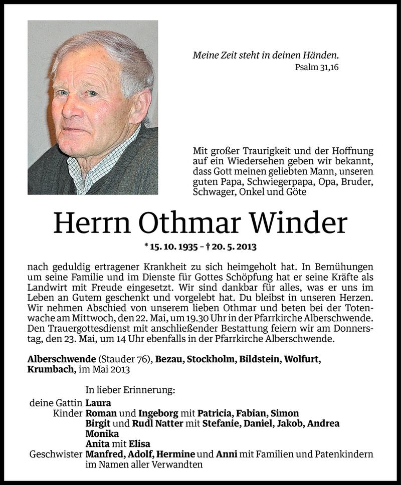  Todesanzeige für Othmar Winder vom 21.05.2013 aus Vorarlberger Nachrichten