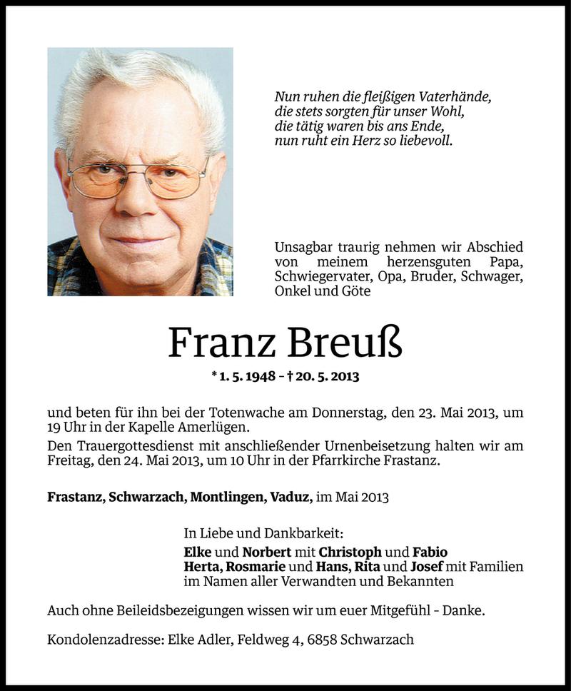  Todesanzeige für Franz Breuß vom 22.05.2013 aus Vorarlberger Nachrichten