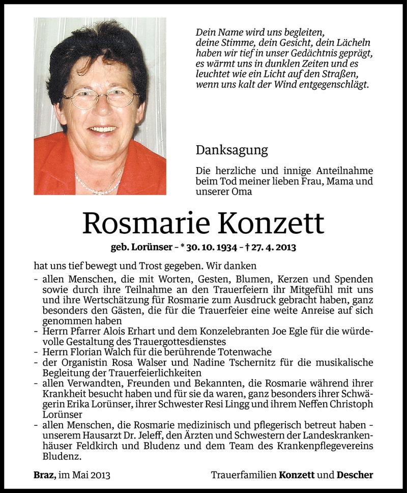  Todesanzeige für Rosmarie Konzett vom 24.05.2013 aus Vorarlberger Nachrichten