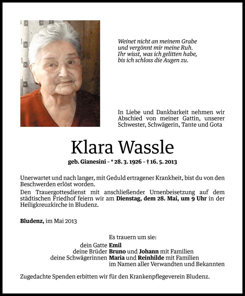  Todesanzeige für Klara Wassle vom 25.05.2013 aus Vorarlberger Nachrichten