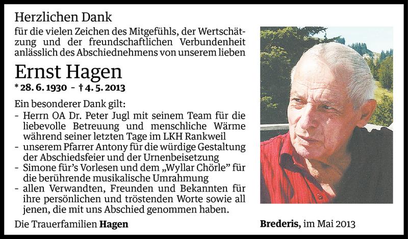  Todesanzeige für Ernst Hagen vom 25.05.2013 aus Vorarlberger Nachrichten
