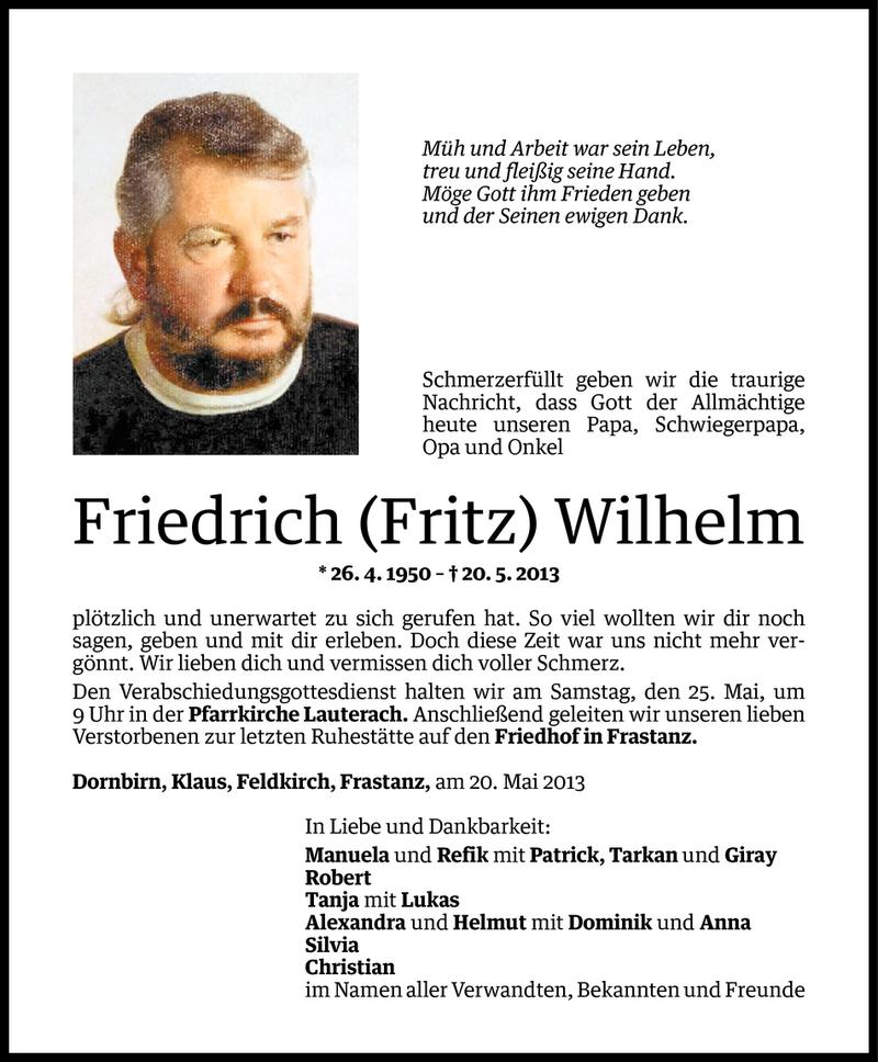  Todesanzeige für Friedrich (Fritz) Wilhelm vom 23.05.2013 aus Vorarlberger Nachrichten