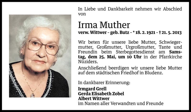  Todesanzeige für Irma Muther vom 24.05.2013 aus Vorarlberger Nachrichten
