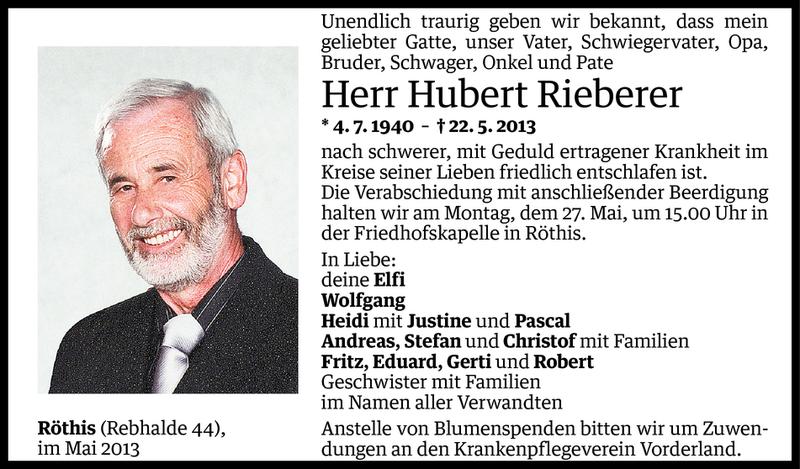  Todesanzeige für Hubert Rieberer vom 24.05.2013 aus Vorarlberger Nachrichten