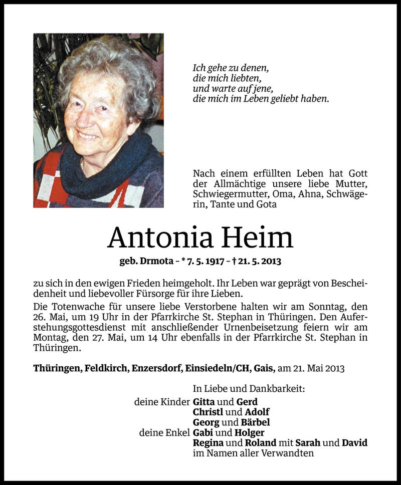  Todesanzeige für Antonia Heim vom 24.05.2013 aus Vorarlberger Nachrichten