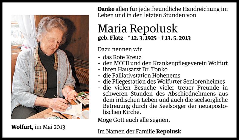  Todesanzeige für Maria Repolusk vom 24.05.2013 aus Vorarlberger Nachrichten