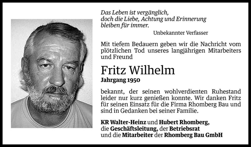  Todesanzeige für Friedrich (Fritz) Wilhelm vom 24.05.2013 aus Vorarlberger Nachrichten