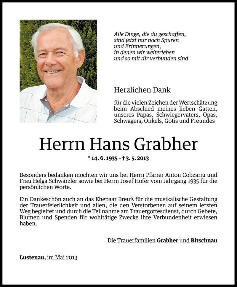  Todesanzeige für Hans Grabher vom 24.05.2013 aus Vorarlberger Nachrichten