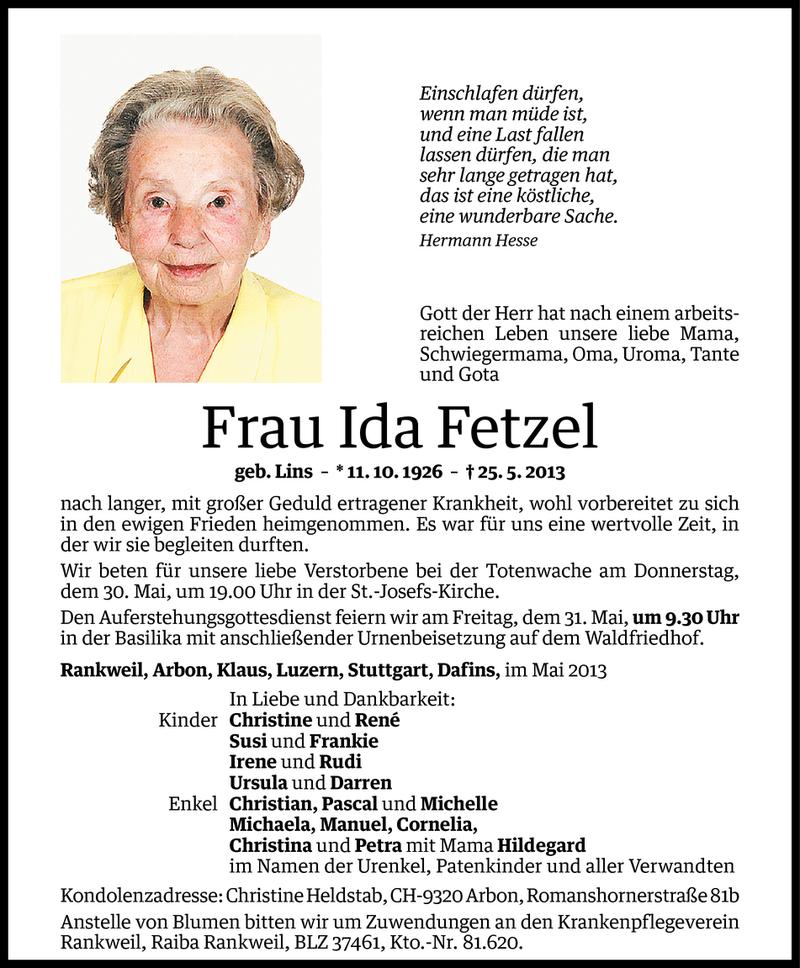  Todesanzeige für Ida Fetzel vom 27.05.2013 aus Vorarlberger Nachrichten