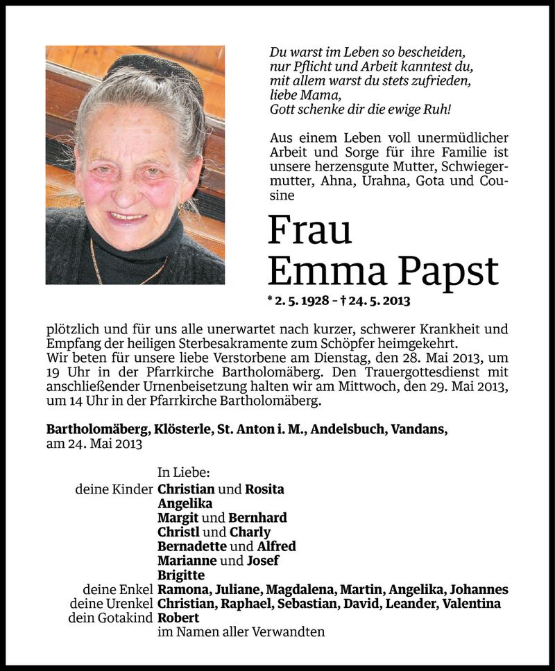  Todesanzeige für Emma Papst vom 26.05.2013 aus Vorarlberger Nachrichten
