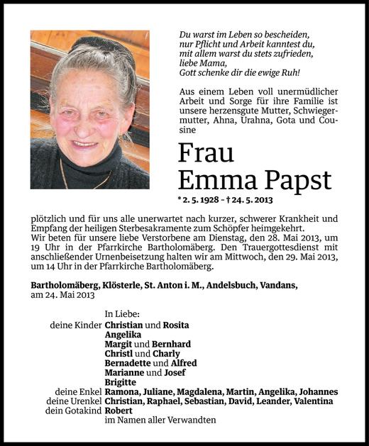 Todesanzeige von Emma Papst von Vorarlberger Nachrichten