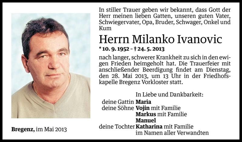  Todesanzeige für Milanko Ivanovic vom 26.05.2013 aus Vorarlberger Nachrichten