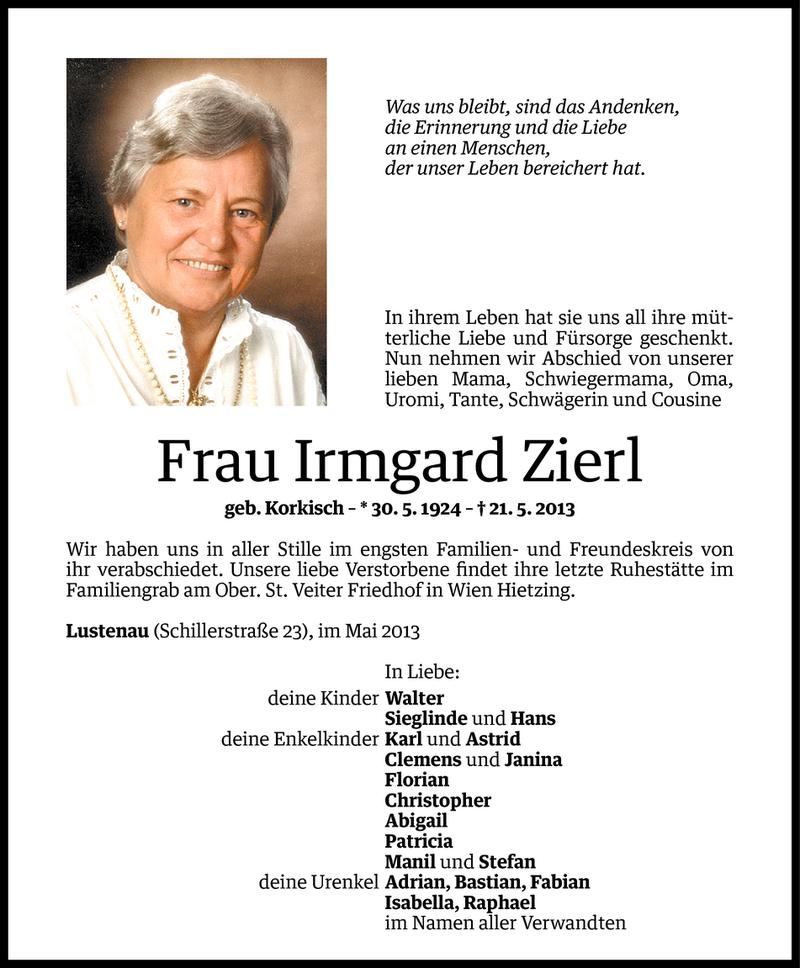  Todesanzeige für Irmgard Zierl vom 26.05.2013 aus Vorarlberger Nachrichten
