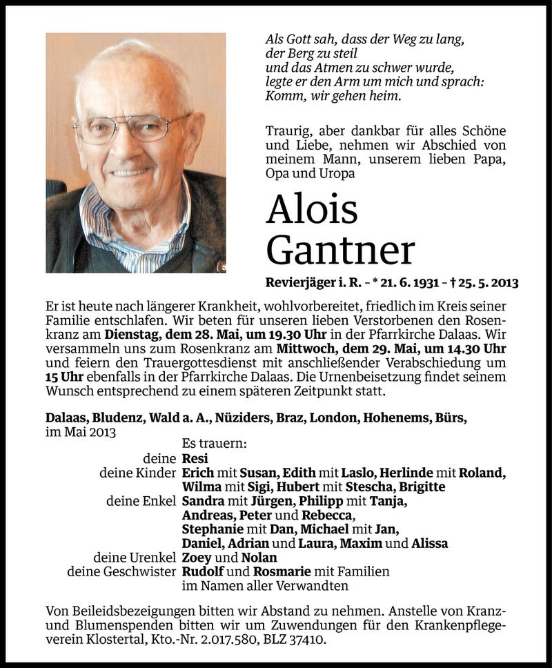  Todesanzeige für Alois Gantner vom 27.05.2013 aus Vorarlberger Nachrichten