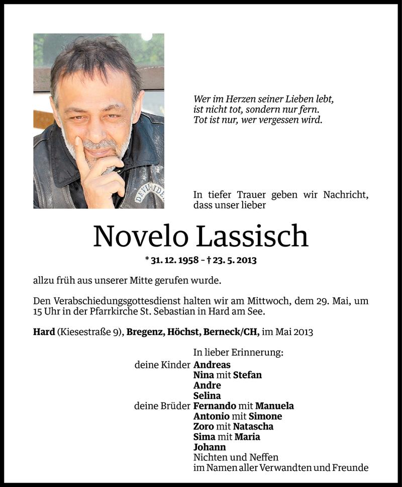  Todesanzeige für Novelo Lassisch vom 26.05.2013 aus Vorarlberger Nachrichten