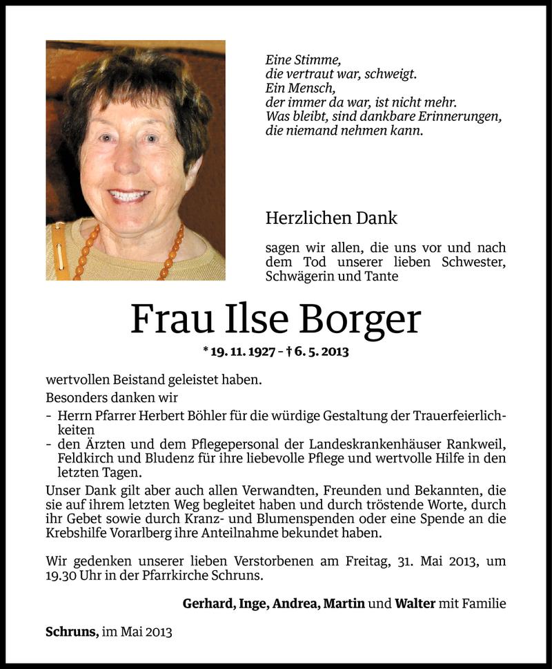  Todesanzeige für Ilse Borger vom 27.05.2013 aus Vorarlberger Nachrichten