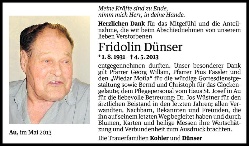  Todesanzeige für Fridolin Dünser vom 27.05.2013 aus Vorarlberger Nachrichten