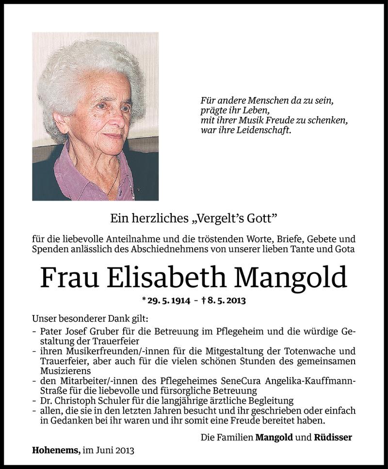  Todesanzeige für Elisabeth Mangold vom 01.06.2013 aus Vorarlberger Nachrichten