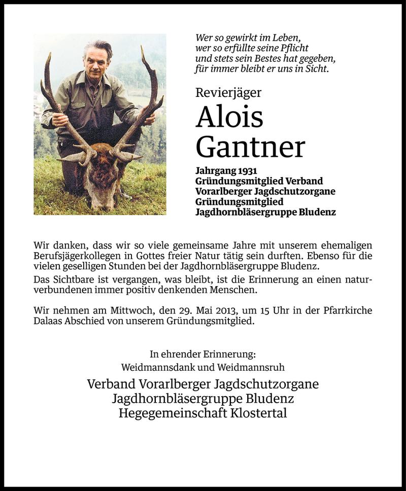  Todesanzeige für Alois Gantner vom 27.05.2013 aus Vorarlberger Nachrichten